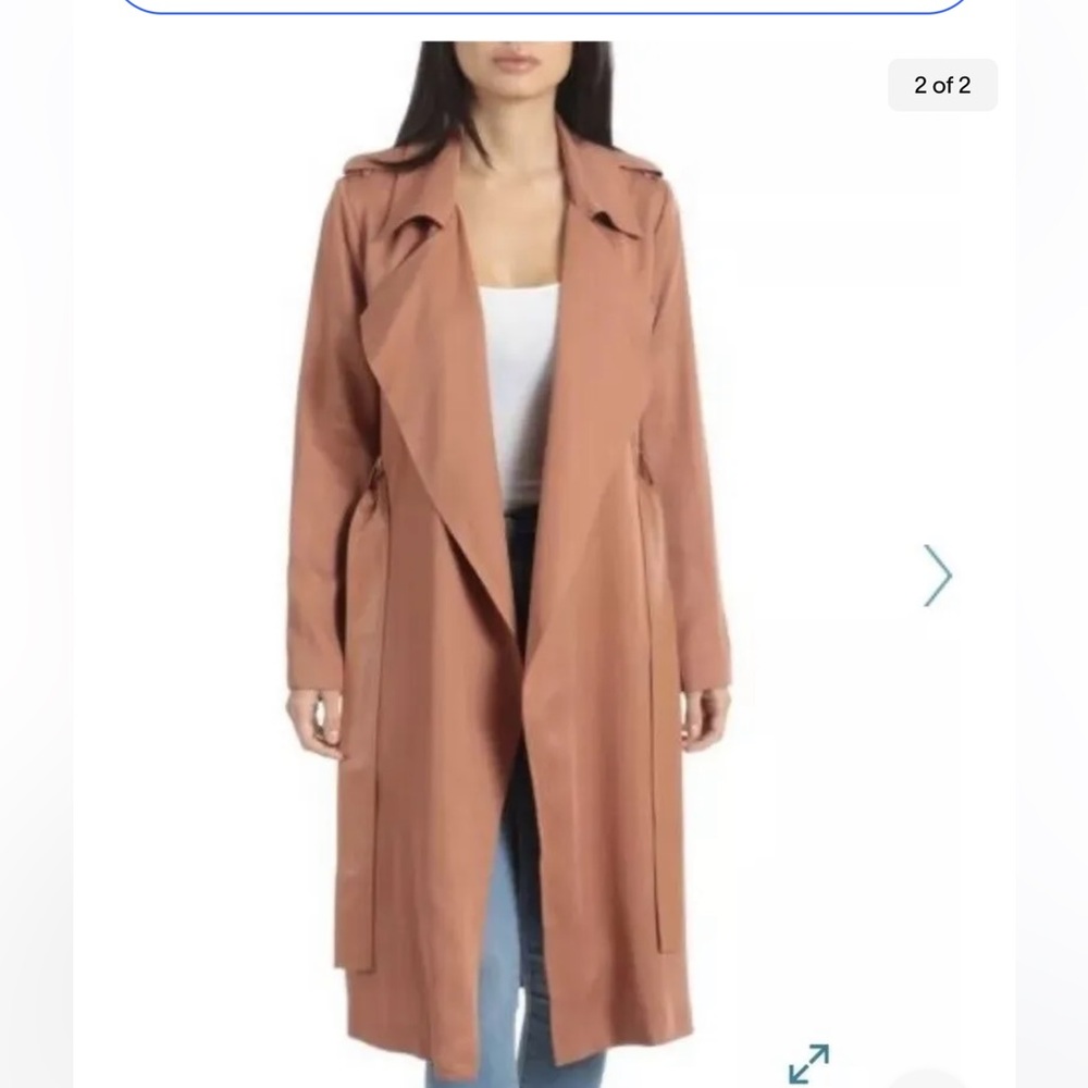 Badgley Mischka Faux Leather Trim Long Trench Coat l